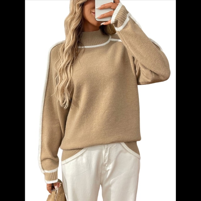 Suéteres para Mujer, Modernos, Bonitos y Acogedores, con Cuello Alto, Larga, de Punto con Bloques de Color Caqui XL