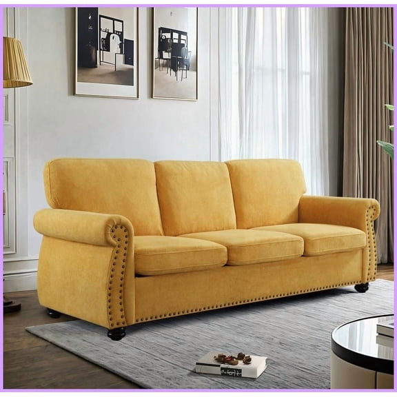 Mid-Century Modern 3-Seater Velvet Sofa - Mustard Yellow, High-Density Foam, Solid Wood Legs for Living Room, Apartment & Office