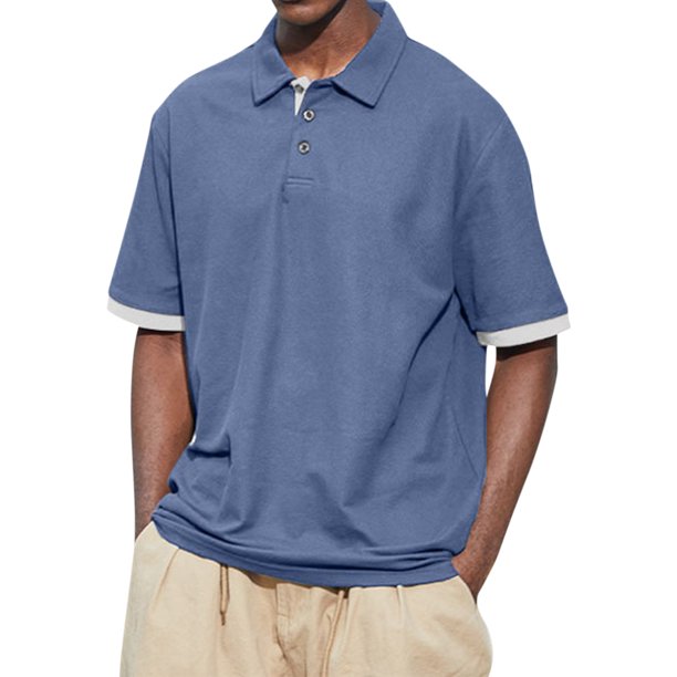 Men's Summer Solid Color T-shirt With A 3 Button Open Collar And Button Up Short Sleeved Top 4XL