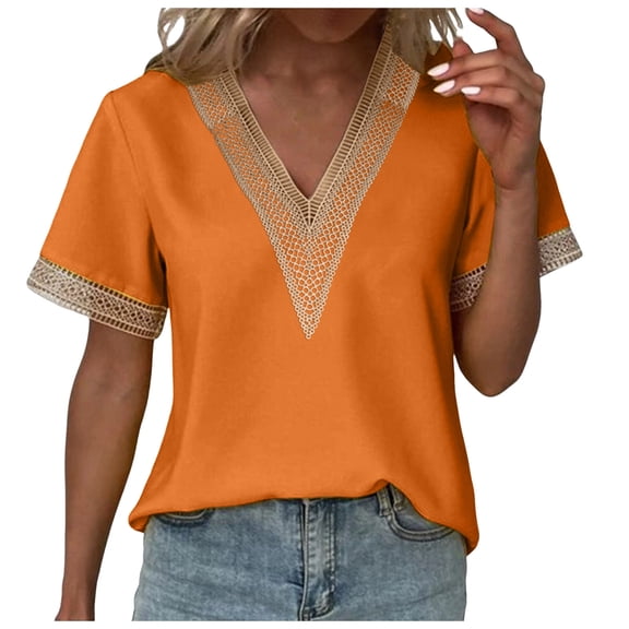 Women's Summer V Neck Lace T-Shirt Fashion Casual Loose Fit Comfortable Soft Breathable Top Blouse Tee Shirt