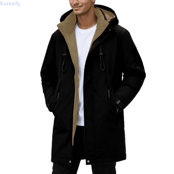 Kureaily Long Winter Thickened Fleece Lined Outdoor Sports Jacket With Hood Warm Work Coat For Couples Men's Casual Overcoat