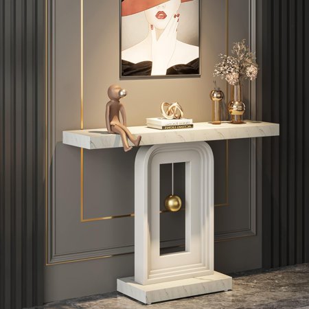 Tribesigns Modern Console Table with Geometric Base 40 inch Narrow Wood Sofa Entryway Table with Gold Decor for Living Room Entryway Hallway White