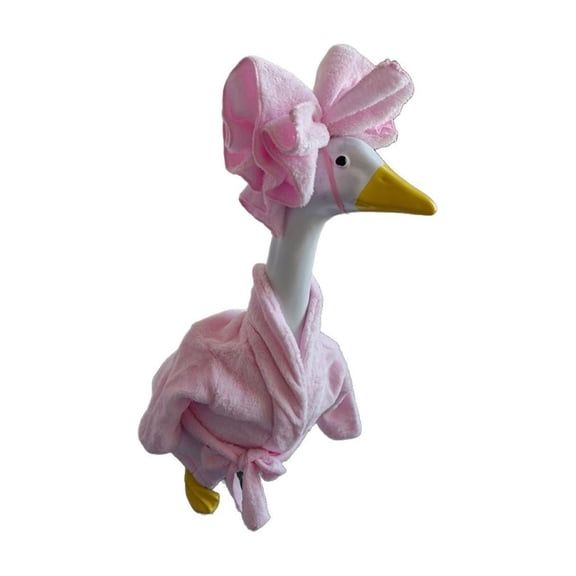 Pink Bathrobe Costume Set for 23 Inch Porch Goose Statue,Plush Spa Fuzzy Bath Robe and Oversized Bow Towel Headpiece,Outdoor Lawn Porch Decor