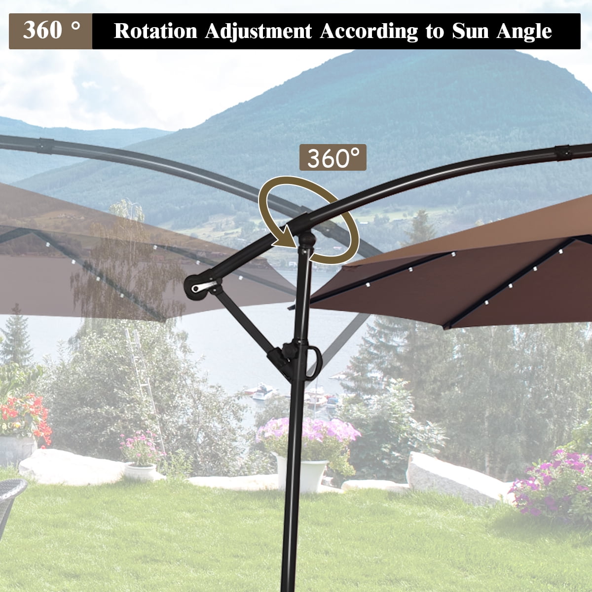 Costway 90" Brown Cantilever Patio Umbrellas, LED Lights