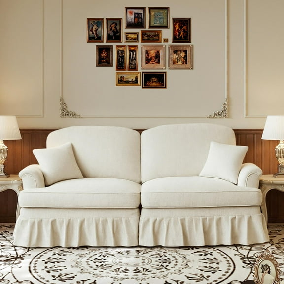 76" Chenille Loveseat Sofa for Living Room, Traditional Style Sofa with Detachable Ruffled Skirt, Flared Arms, Spindle Legs, Love Seat Couches for Apartment (Beige)