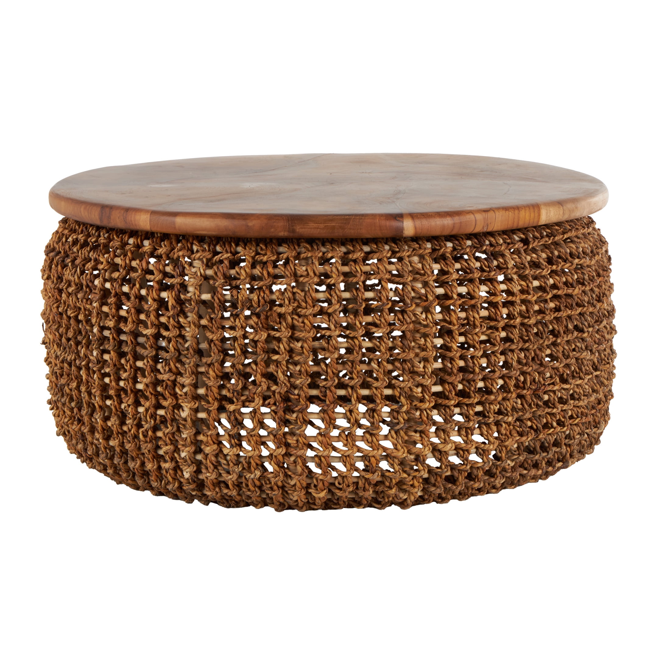 DecMode 33" x 16" Brown Rattan Woven Coffee Table with Teak Tabletop, 1-Piece