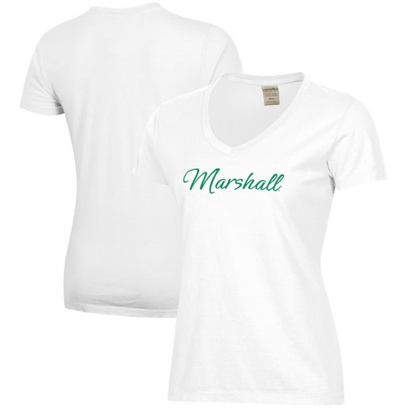 Women's  White Marshall Thundering Herd Script Logo Comfort Wash V-Neck T-Shirt