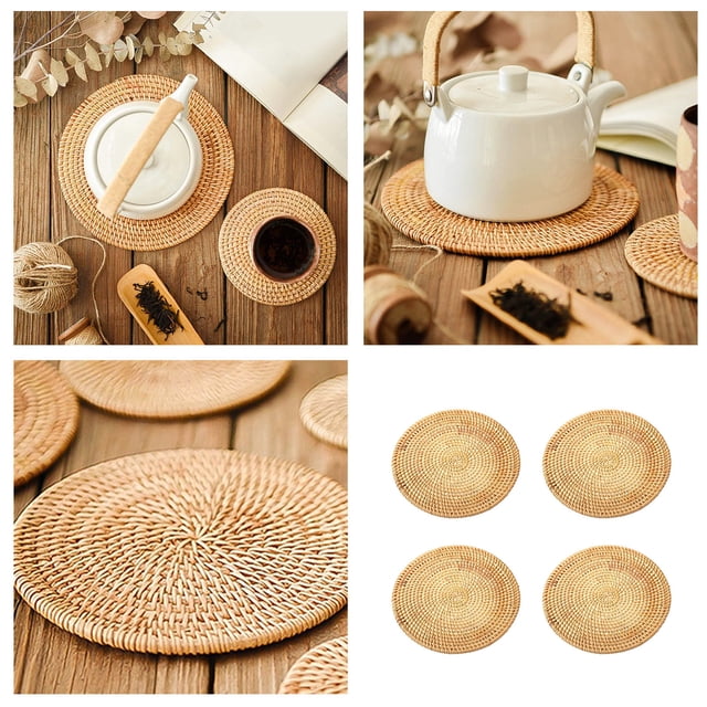 4 Piece Rattan Trivet Set Insulated Hot Pads Durable Heat Mats For Kitchen Countertop Dining Table