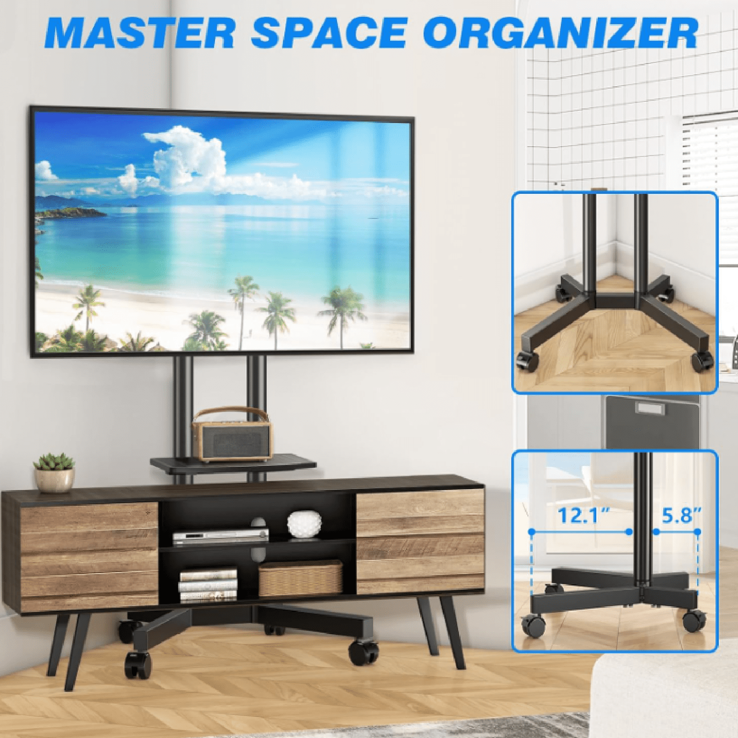 Rolling TV Stand with Laptop Shelf, Mobile TV Stand with Upgraded Wheels for 32-75 Inch TVs, Height Adjustable Mobile TV Cart up to 88lbs, Portable TV Mount Stand for Outdoor, Home, Office