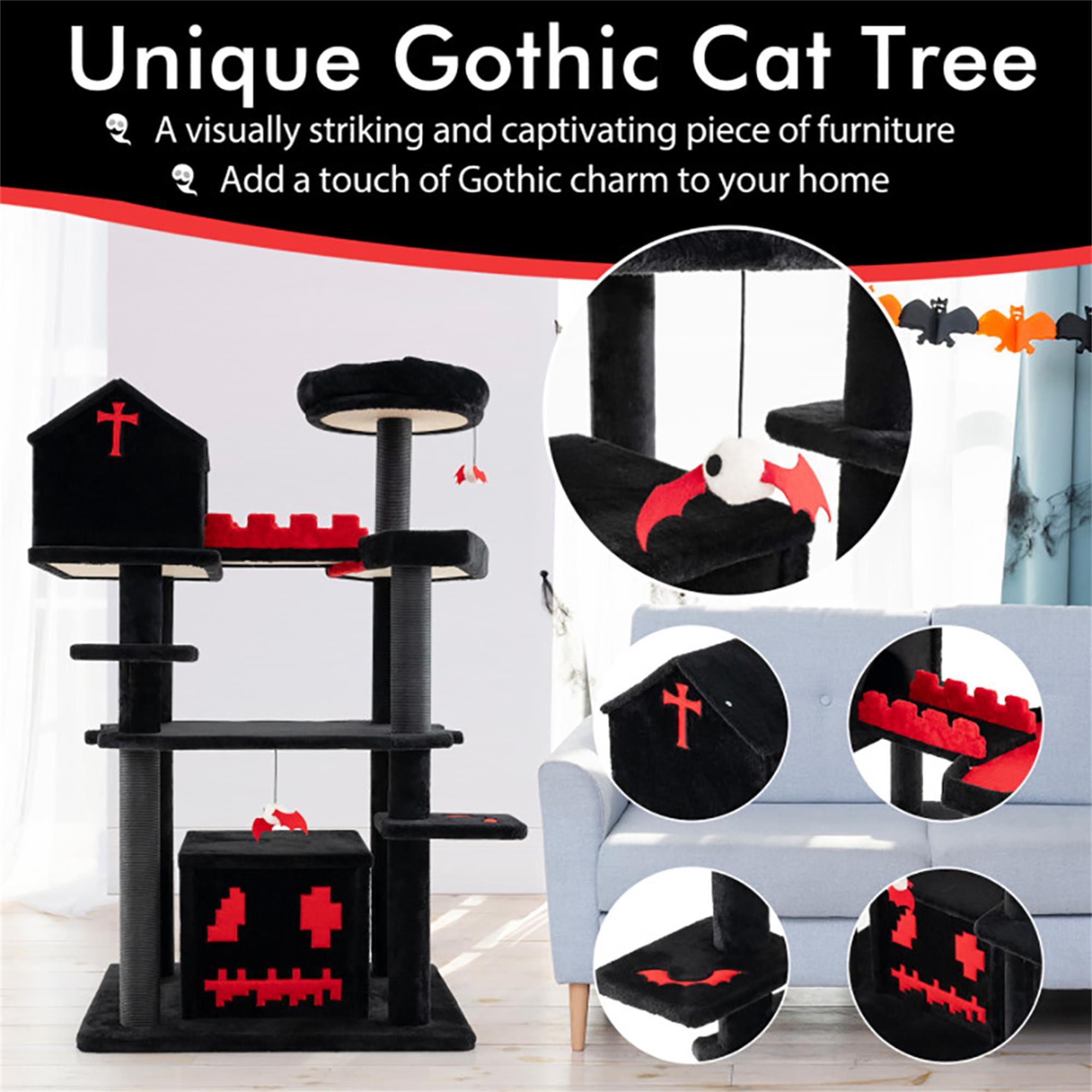Pefilos 67" Tall Gothic Cat Tree for Large Cats, Cat Tower with Sisal Scratching Posts, Bat-Shaped Hanging Ball, Multi-Level Spooky Cat Condo, Black Pefilos 67" Tall Gothic Cat Tree for Large Cats, Cat Tower with Sisal Scratching Posts, Bat-Shaped Hanging Ball, Multi-Level Spooky Cat Condo, Black