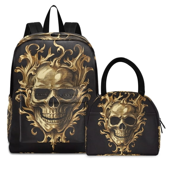 ALAZA Backpack Set Gold Skull Elementary School Bags Student BookBag with Lunch Bag