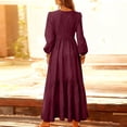 thumbnail image 5 of Women's Maxi Dress Long Sleeve V-Neck Loose Fit Button Down Cotton Linen Retro Swing Dress for Spring Fall Casual Daily Wear,Wine,3XL, 5 of 7