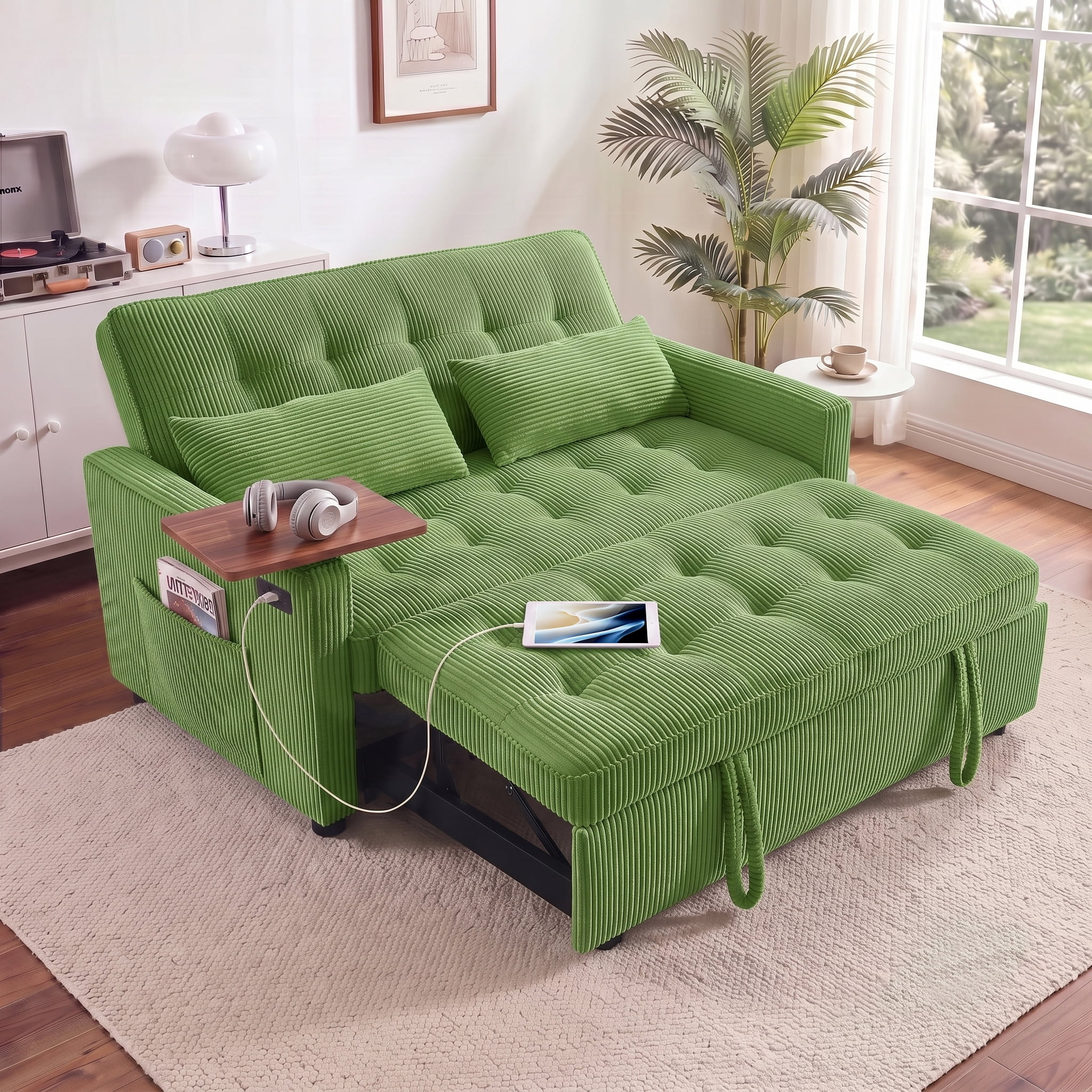 AISWORD 55" 3-in-1 Convertible Sleeper Sofa Bed, Pull Out Loveseat Couch with Side Tray Table & USB Charging Port, Adjustable Backrest Sofa for Apartment, Bedroom, Office, Green