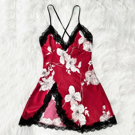 Abomasnow Women s Lingerie Satin Lace Chemise Nightgown Print Spaghetti Strap Nightgown Babydoll V Neck Sexy Side Slip Sleepwear Dress on Clearance