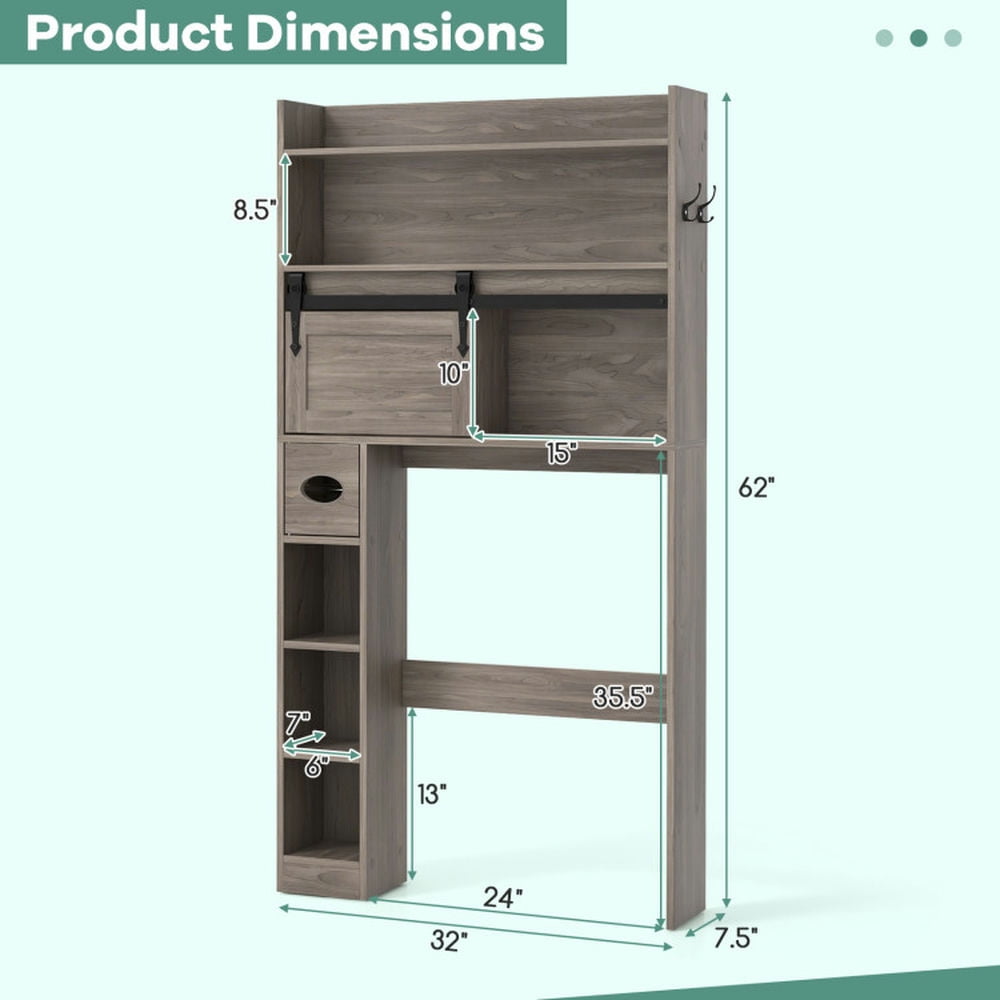 Finihen Toilet Storage Cabinet, Bathroom Cabinet Organizer, Over The Toilet Storage Cabinet with Sliding Barn Door and Adjustable Shelves, for Bathroom, Gray