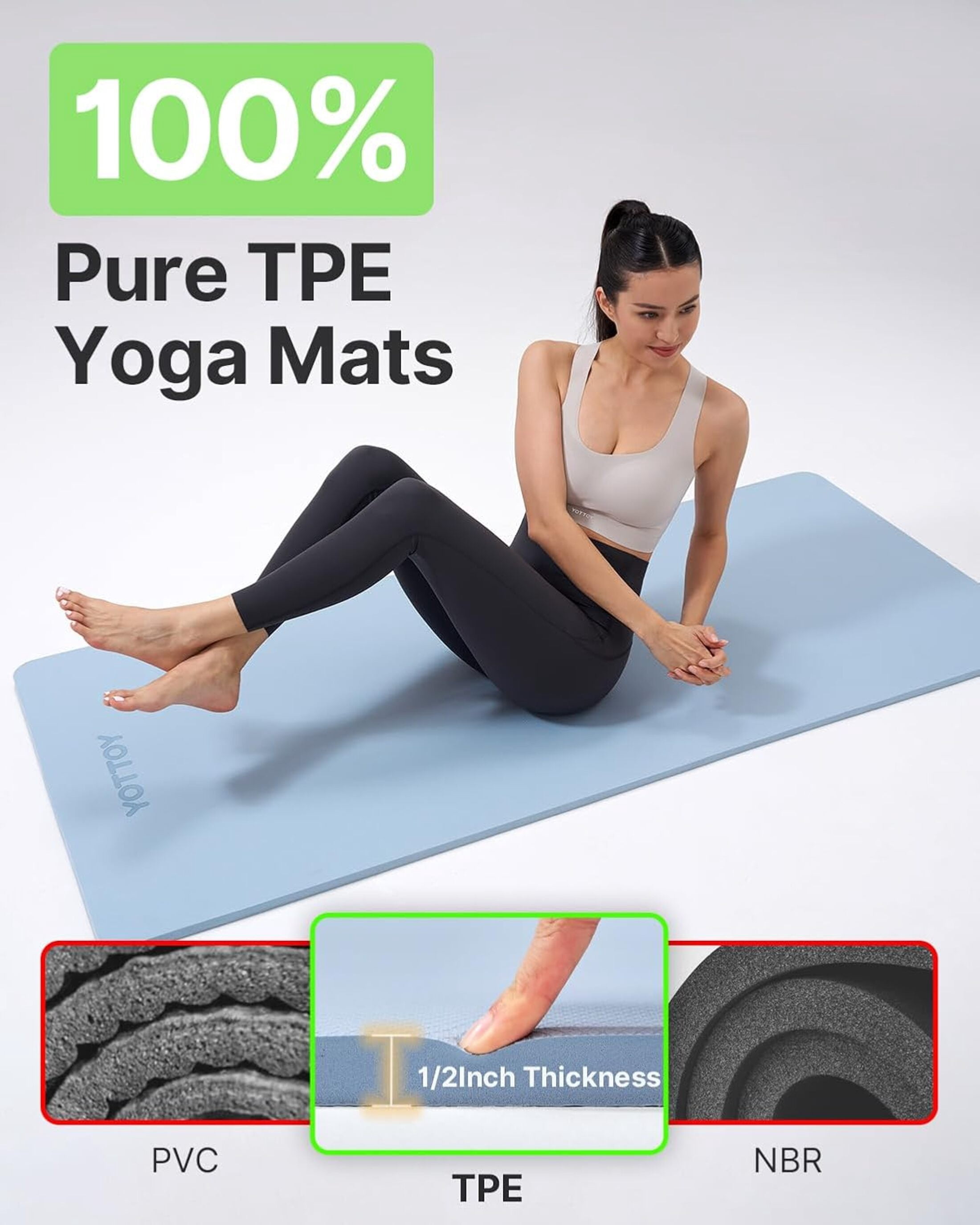 YOTTOY Yoga Mat，Extra Thick Yoga Mat (1/2inch),Professional TPE Exercise Mat,Non-Slip Workout Mat for Yoga, Pilates, Fitness, Barefoot Workouts, Home Gym Studio with Strap