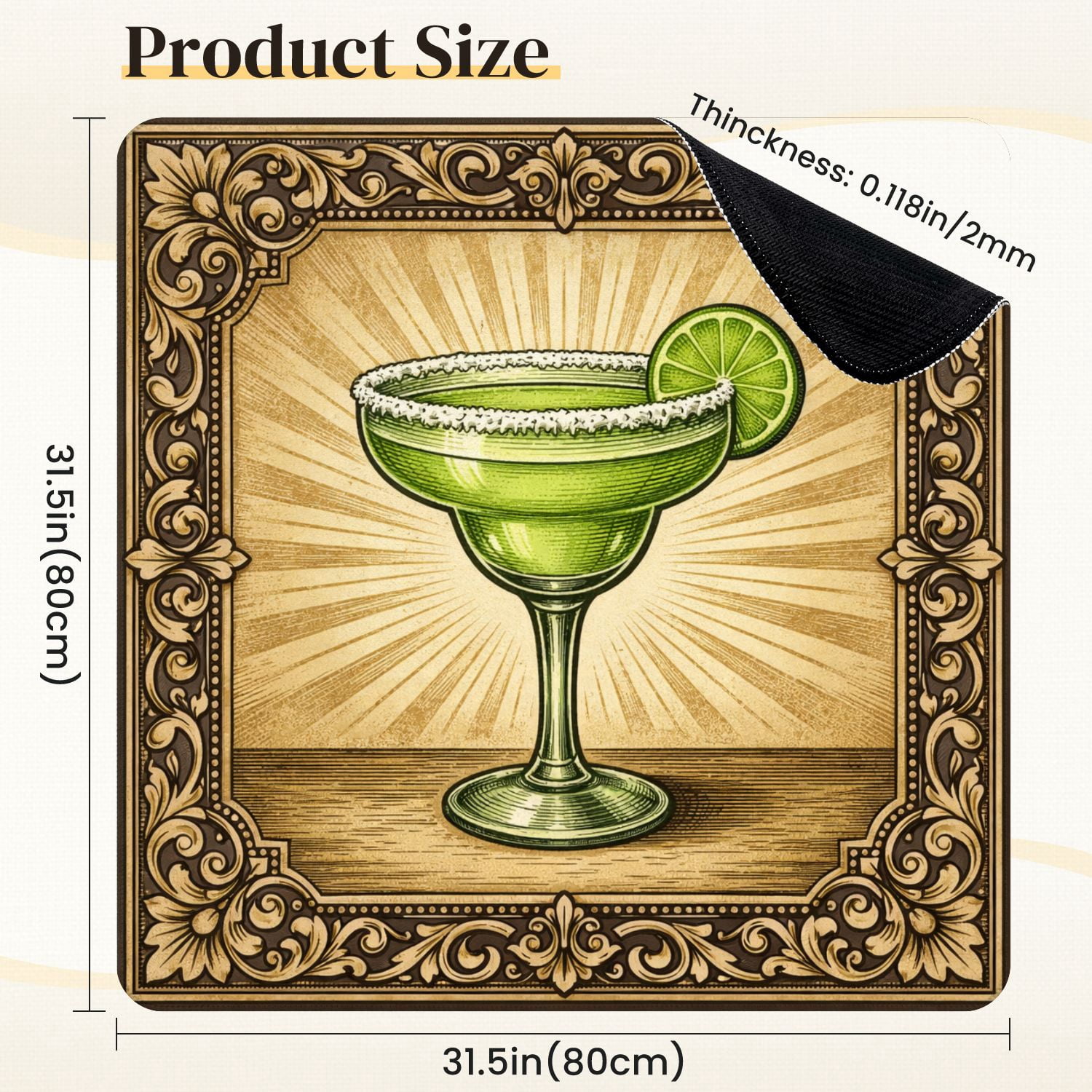 Mahjong Mat 31.5" x 31.5" Green Margarita Cocktail Lime Slice Salted Rim Vintage Style Non-Slip Noise Reduction Mahjong Tiles Table Cover for Dominoes Poker Card Board and Tile Games