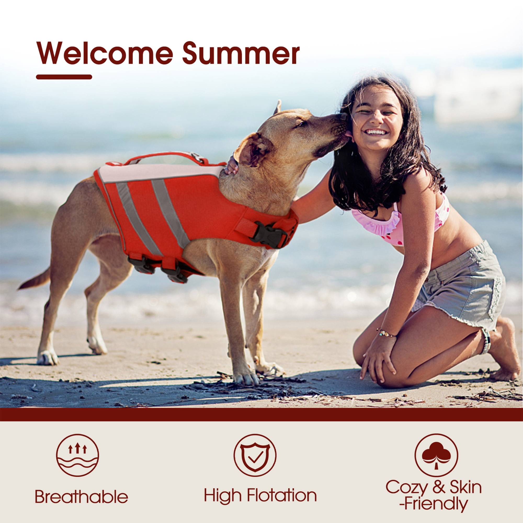 IDOMIK Dog Life Jacket with Reflective Strips, High Flotation Small Dog Swim Vest with Rescue Handle and D-Ring for Boating, Swimming and Surfing, Red
