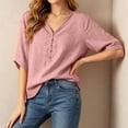 thumbnail image 5 of Zynoxe Womens Casual Cotton Linen Tops for Daily Wear Solid Color Button V-neck Short Sleeve Tops Peasant Gauze Loose Versatile Plus Size Tops Pink XL, 5 of 8