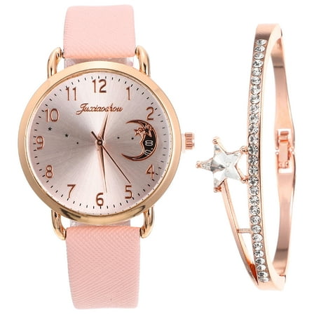 KALLORY 1 Set Pink Pu And Alloy Lady Wrist Watch For Women In Round Shape
