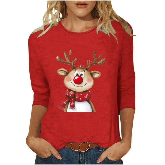 Oalirro Christmas Elk Print Shirt for Women Cute Xmas Long Sleeve Tshirts Casual Crew Neck Top
