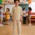 thumbnail image 5 of Kids' Gold Thread Embroidery 2-Piece Suit Set, 2026 New Half Button Round Neck Long Sleeve Top and Matching Straight Leg Pants, Formal Occasion Outfit for Boys and Girls - Khaki, 5 of 7