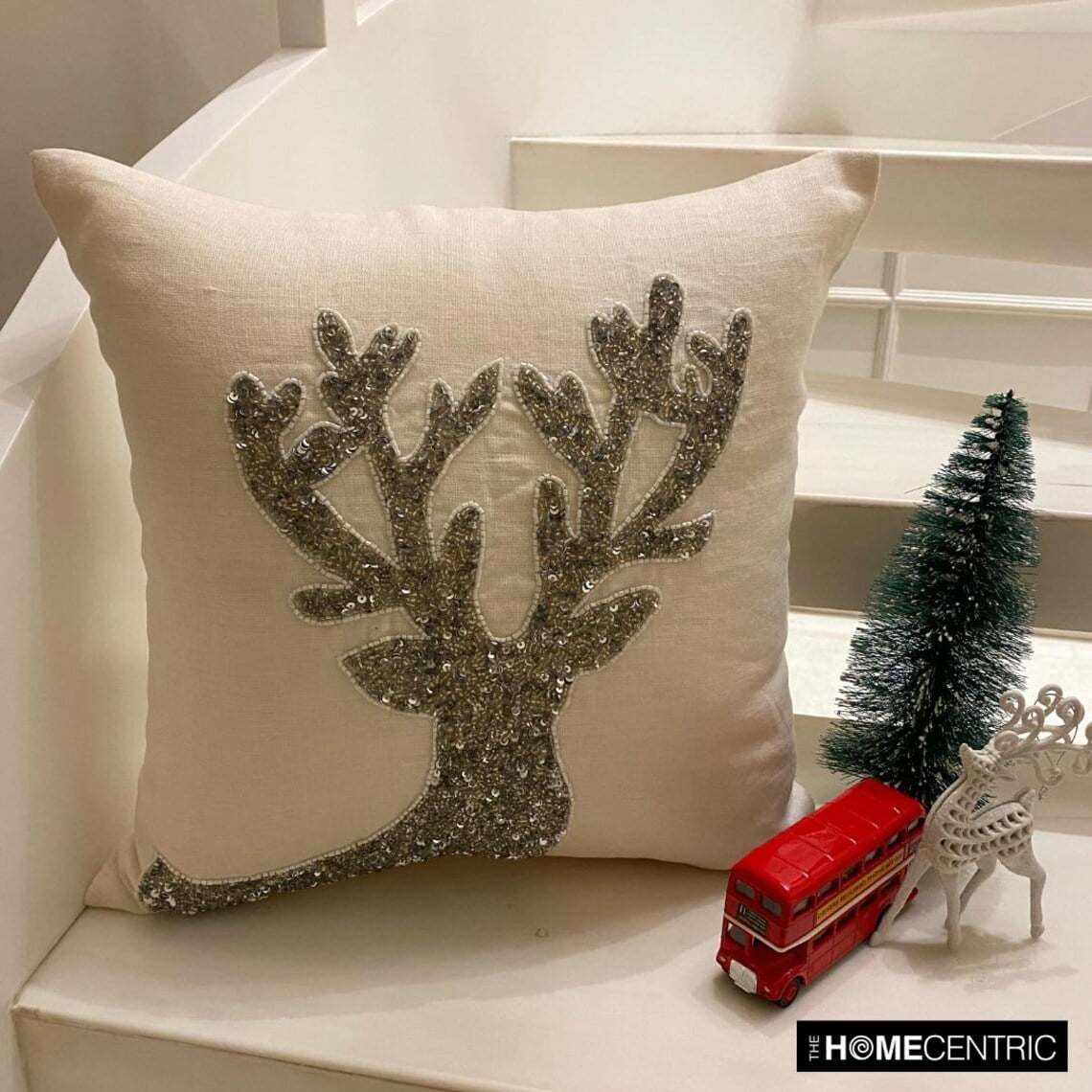 Holiday Decorative Throw Pillow cover, 16"x16" White & Silver Linen Pillowcase, Modern Reindeer Head Christmas Pillow Cover For Sofa Couch, Hotels, living Room, Bed Room - Dazzling Deer