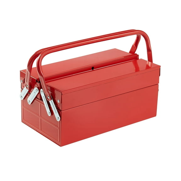 KFFKFF Steel Toolbox, 14-inch, Dual-Level 3-Compartment Mobile Tool Storage Organizer with Handle & Security Slot, Powder Finished, Cantilever Design for Home, Industrial, Warehouse, Red