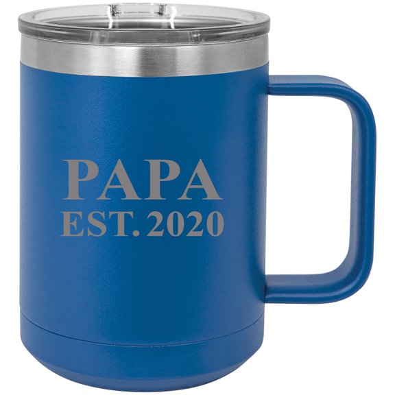 Papa est. 2020 Stainless Steel Vacuum Insulated 15 Oz Travel Coffee Mug with Slider Lid, Blue