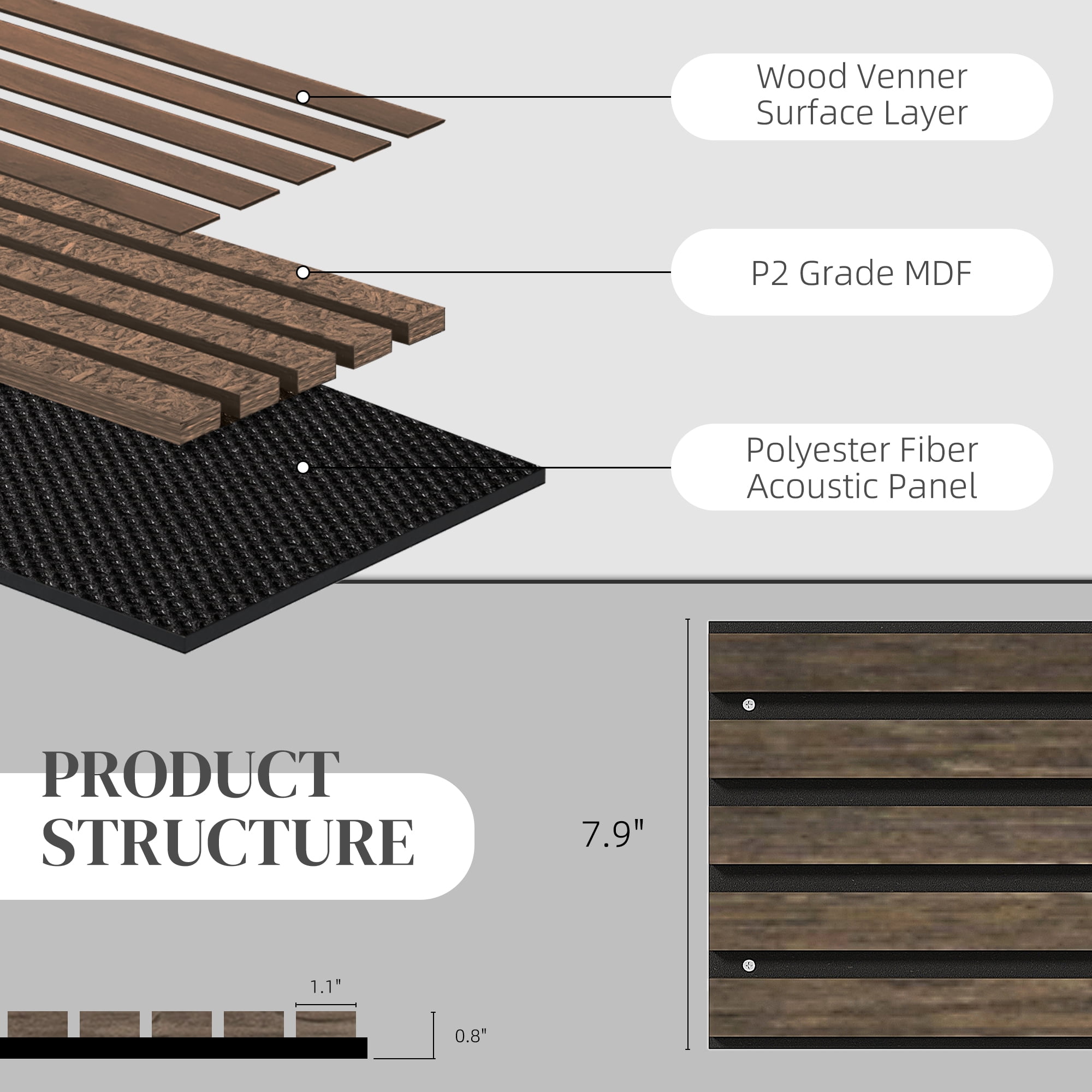 HOMCOM 95" x 8" Wood Wall Panels, 4 Pack Slat Acoustic Panels, Walnut