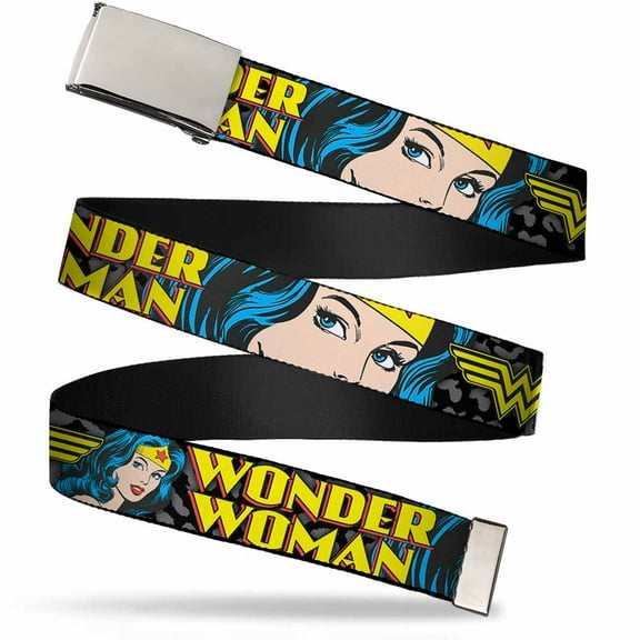 Adjustable Belt, Clamp Buckle, Cut-to-Fit, Wonder Woman Face Close Up Leopard Black Gray