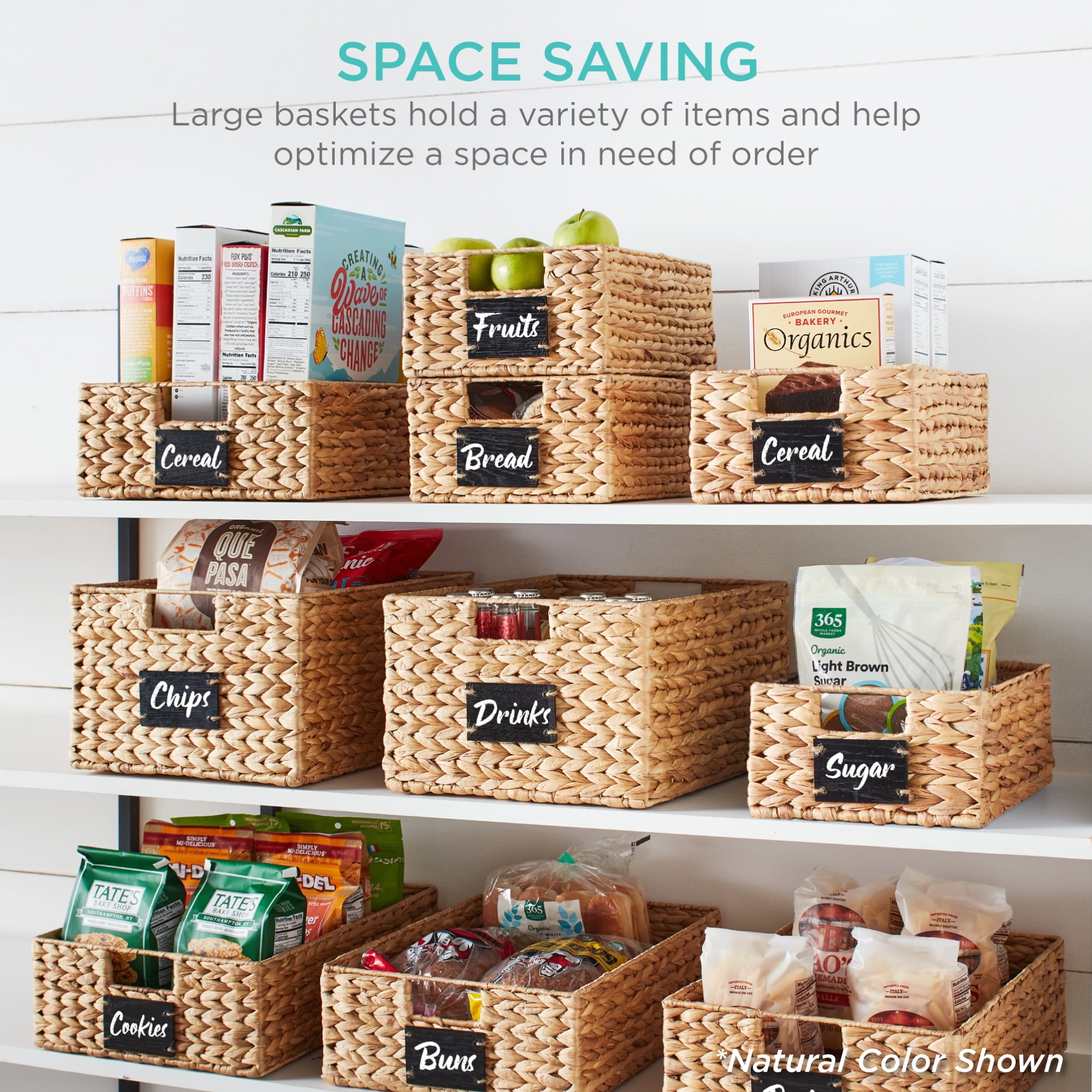 Best Choice Products Set of 4 16x12in Woven Water Hyacinth Pantry Baskets w/ Chalkboard Label, Chalk Marker - Chestnut