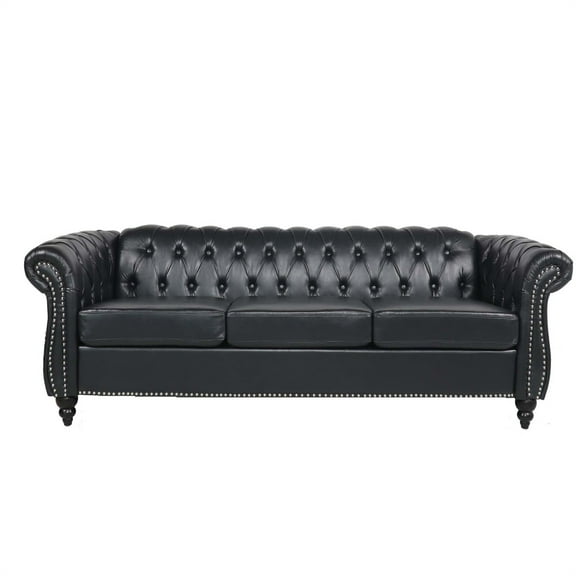 3 Seater Sofa Couch, 84" PU Rolled Arm Three Seater Sofa Button Tufted Couch with Channel Tufted Seat Back, Upholstered Leather Sofa Chesterfield PU Faux Settee for Living Room, Black