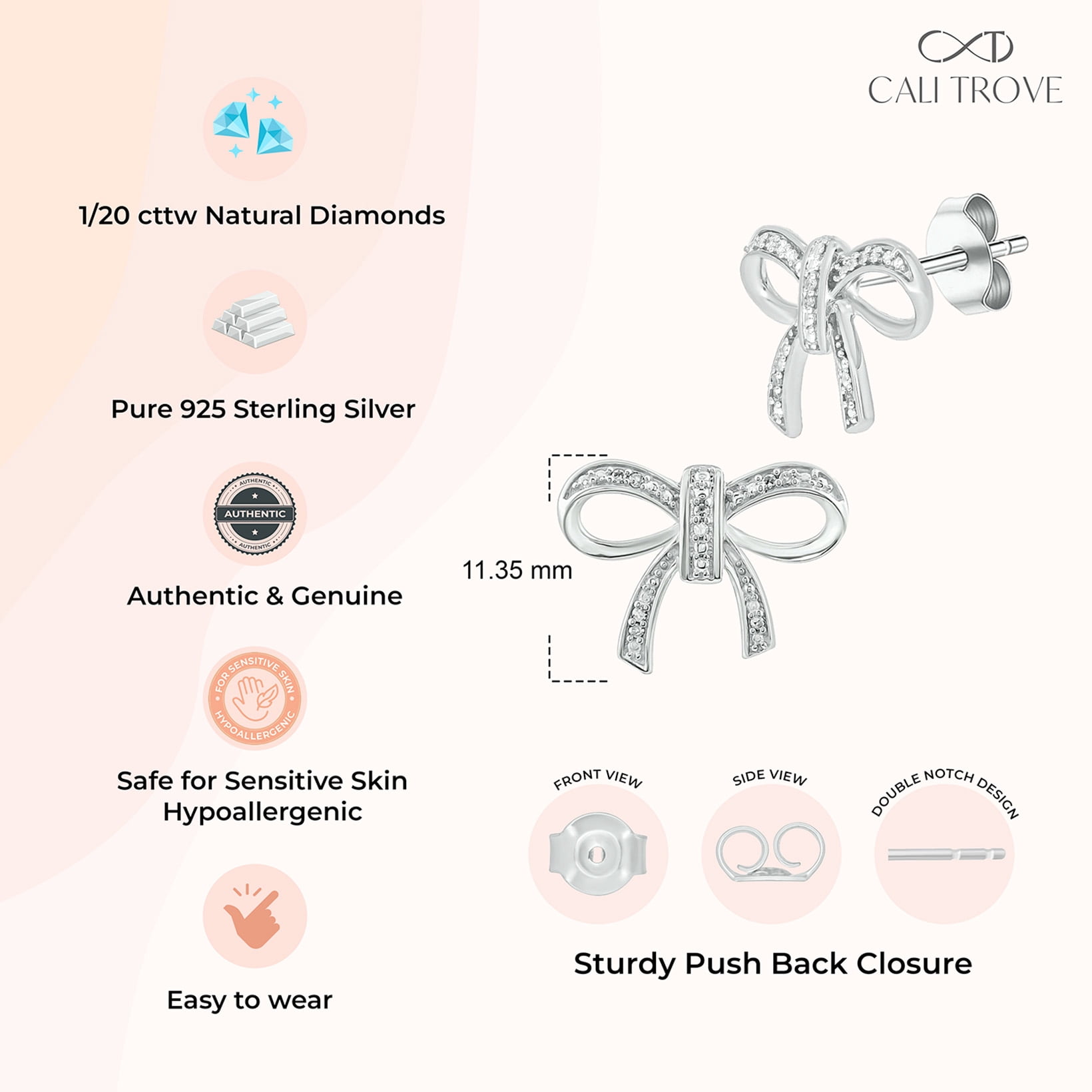 1/20 Ct Natural Diamond Bow Stud Earrings 925 Sterling Silver Jewelry gift for Women