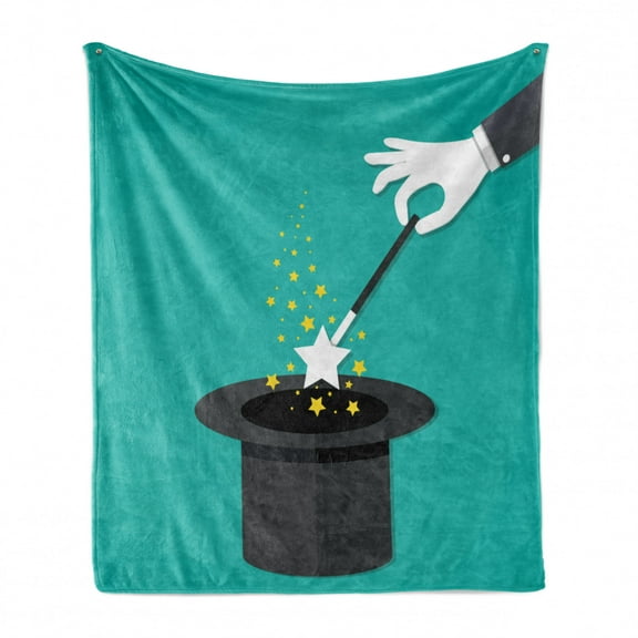 Wizard Soft Flannel Fleece Throw Blanket, Hands in White Gloves Holding a Magic Wand with Stars Above Black Hat, Cozy Plush for Indoor and Outdoor Use, 70" x 90", Turquoise Yellow, by Ambesonne