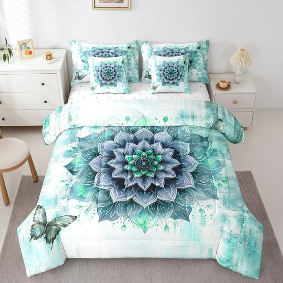 7-Piece Chic Floral Bedding Twin Size Women Mandala Flower Comforter Set,Teal Ombre Bedding Comforter Sets Gradient Oil Painting Bed in a Bag,Vintage Watercolor Bedding