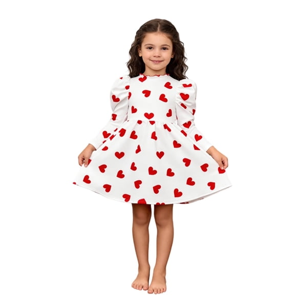 Girls Dresses Sweetheart Print Puff Sleeves Long Sleeve Elegant Party Knee Length A Line Gown for Kids Formal Or Casual White 9 Years-10 Years