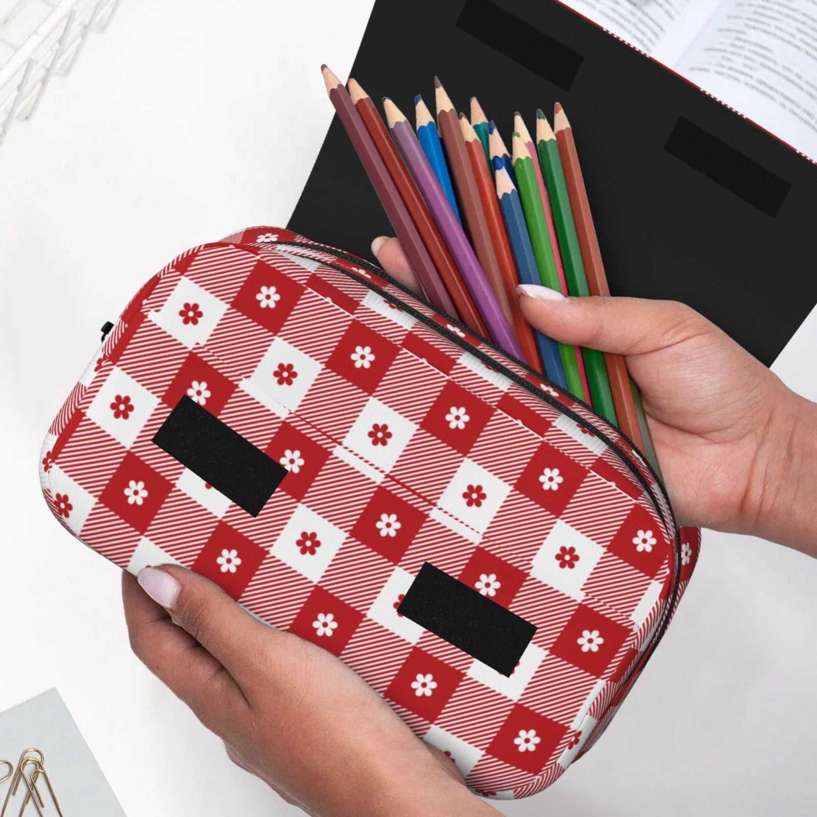 Rateoe Red Plaid Daisy Pattern Double Clamshell Pen Case, Storage Organizer with Two Zipper Compartments– Holds Up to 50 Pencils & Pens