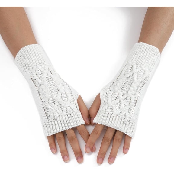 2 Pairs Winter Warm Fingerless Gloves Knitted Fiber Yarn with Thumb Hole White 200x70mm Soft Comfortable Unisex for Cold Weather Outdoor Activities White