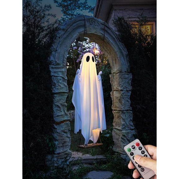 Halloween Decorations Outdoor - 5 FT Large Hanging Swing Ghost Halloween Decor with String Lights - Spooky Cute Ghosts Decorations for Front Porch Yard Tree