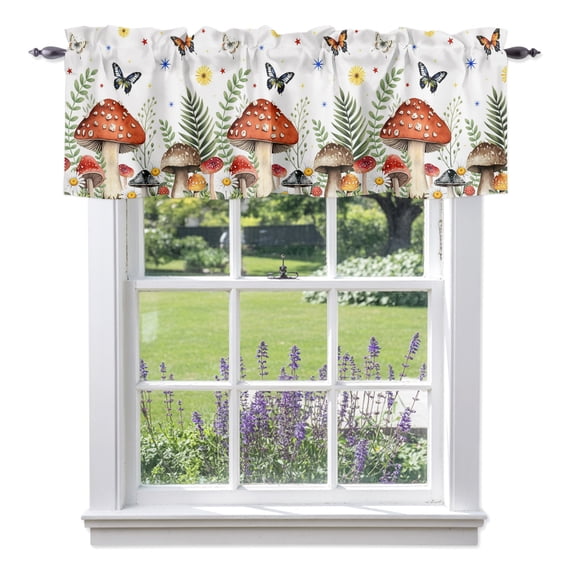 Spring Mushroom Valances for Windows, Daisy Butterfly Leaf Rustic Valance Window Treatment Rod Pocket Short Curtains Valances for Kitchen Bathroom 42"W x 12"L
