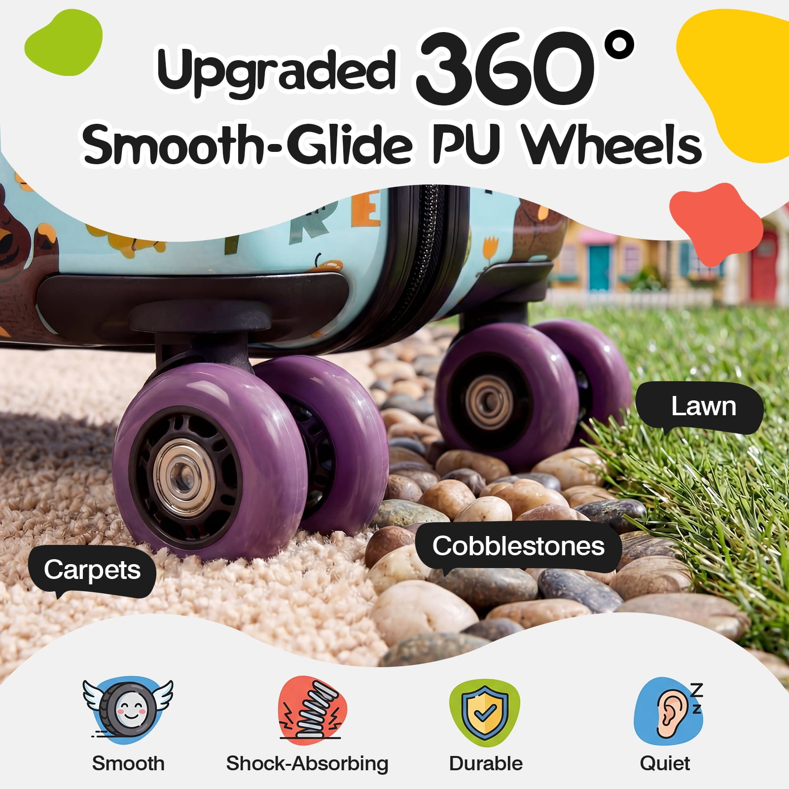 Advwin Kids Ride-On Luggage with Safety Belt, TSA Lock & Footrest, Hardside Spinner Travel Suitcase for Children, Green Wildlife Theme
