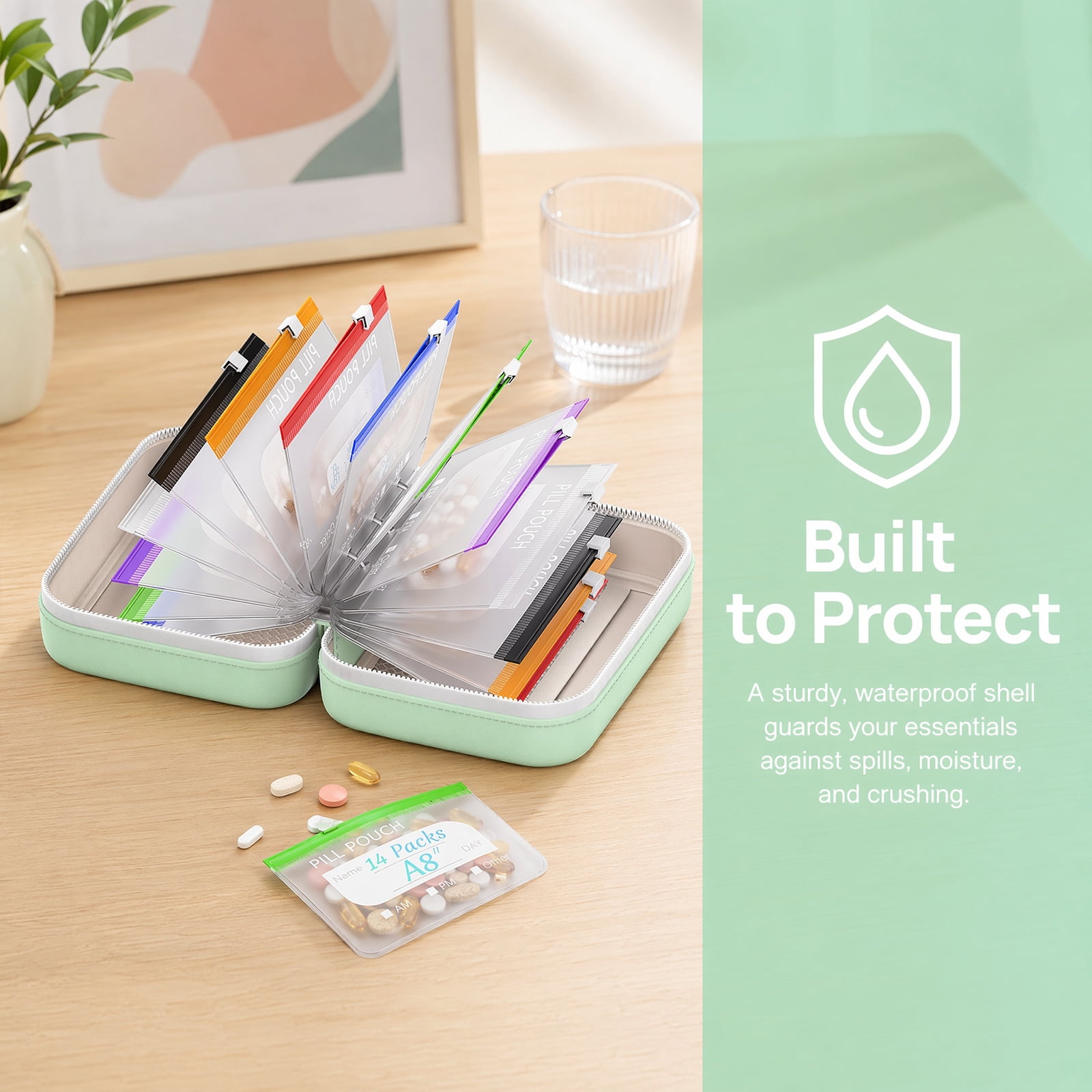 Travel Pill Organizer, Waterproof Pill Pouch Set for Medicine, 14 Color-Coded Pouches