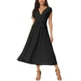 thumbnail image 1 of Vestido midi casual con cinturón para mujer Inspire Chic, con mangas cortas, escote en V, fluido, con volantes y plisado, talla XL, color negro, 1 of 5