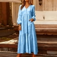 thumbnail image 3 of Women's Maxi Dress Long Sleeve V-Neck Loose Fit Button Down Cotton Linen Retro Swing Dress for Spring Fall Casual Daily Wear,Light Blue,2XL, 3 of 7