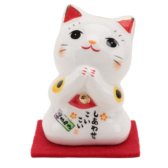OUNONA Lucky Maneki Neko Ceramic Cat Figurine Desk Ornament for Home and Office Decoration