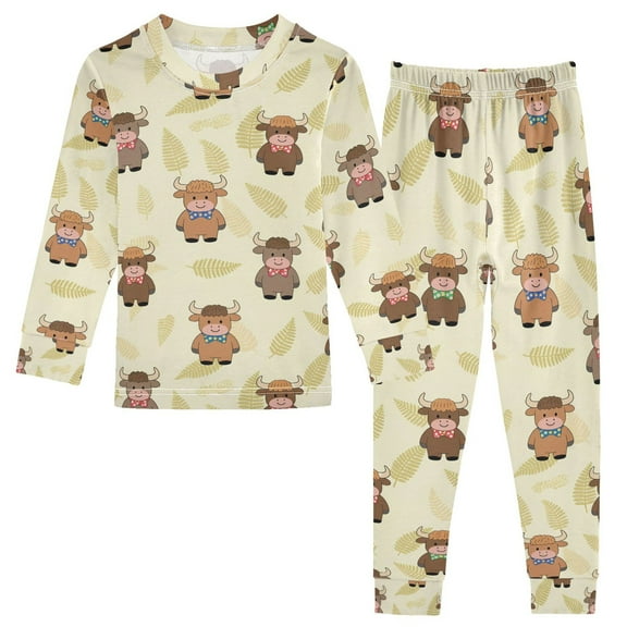 joogoo Cartoon Highland Cattles 2 Piece Long Sleeve Tee and Pants Cotton Pajama Set 5Y