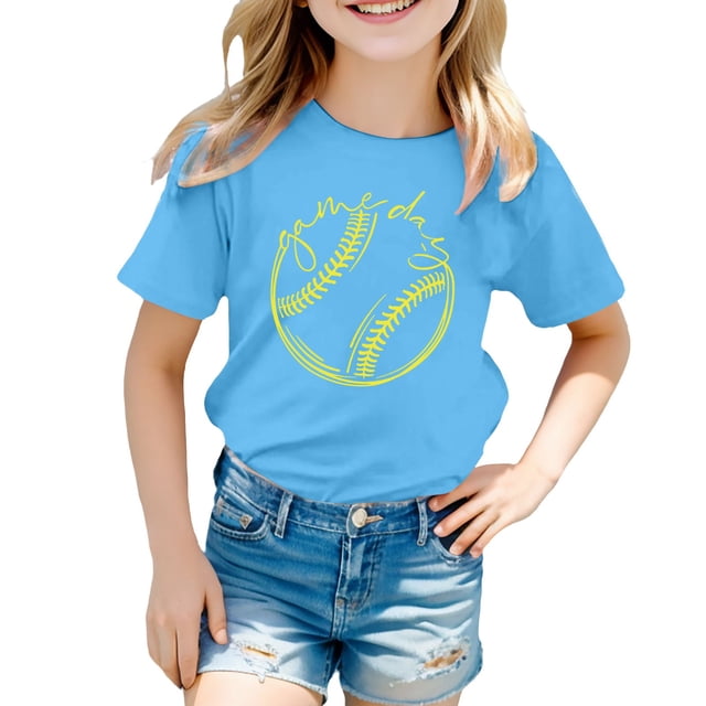 NINGMENG Hauts et T-Shirts pour Filles, Imprimé Baseball d'Été, Col Rond, Manches Courtes, Décontracté, Bleu, 5-6 Ans