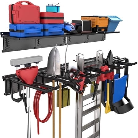 Torack Systèmes d'Organisation de Rangement pour Garage, Étagères Murales Suspendues, Racks à Outils en Acier Robuste de 48 Pouces, Lot de 6 avec 12 Crochets Doubles, Étagères Flottantes de 48 Pouces par 7 Pouces, jusqu'à 1200 Po