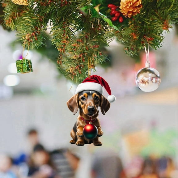 Christmas Dachshund Dog Ornaments 2D Acrylic Hanging Decorations, Cute Sausage Dog Tree Pendant for Holiday Party Home Decor, Funny Animal Car Interior Wall Gift, Winter Xmas Decor